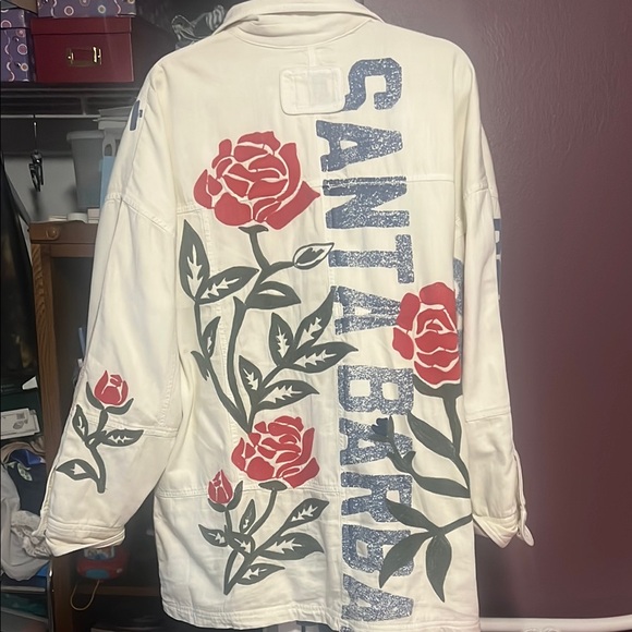 We The Free White Jean Jacket with Red & Navy Rose Graphics - Picture 2 of 2